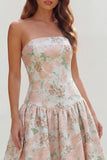 Strapless Blue White Floral A Line Maxi Wedding Guest Dress
