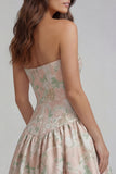 Strapless Blue White Floral A Line Maxi Wedding Guest Dress