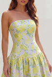 Strapless Blue White Floral A Line Maxi Wedding Guest Dress