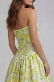 Strapless Blue White Floral A Line Maxi Wedding Guest Dress