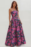 Strapless Blue White Floral A Line Maxi Wedding Guest Dress