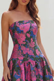 Strapless Blue White Floral A Line Maxi Wedding Guest Dress
