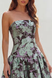 Strapless Blue White Floral A Line Maxi Wedding Guest Dress