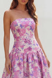 Strapless Blue White Floral A Line Maxi Wedding Guest Dress