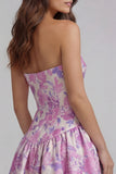 Strapless Blue White Floral A Line Maxi Wedding Guest Dress
