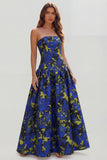 Strapless Blue White Floral A Line Maxi Wedding Guest Dress