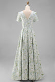 Blue White Floral A Line V Neck Midi Wedding Guest Dress