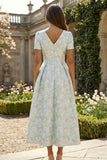 Blue White Floral A Line V Neck Midi Wedding Guest Dress