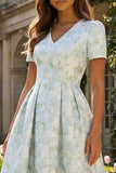 Blue White Floral A Line V Neck Midi Wedding Guest Dress