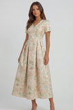 Blue White Floral A Line V Neck Midi Wedding Guest Dress