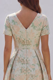 Blue White Floral A Line V Neck Midi Wedding Guest Dress