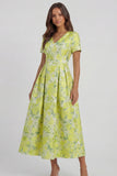 Blue White Floral A Line V Neck Midi Wedding Guest Dress