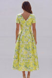 Blue White Floral A Line V Neck Midi Wedding Guest Dress