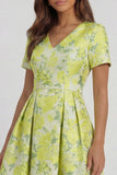 Blue White Floral A Line V Neck Midi Wedding Guest Dress
