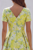 Blue White Floral A Line V Neck Midi Wedding Guest Dress