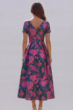 Blue White Floral A Line V Neck Midi Wedding Guest Dress