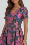 Blue White Floral A Line V Neck Midi Wedding Guest Dress