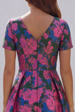 Blue White Floral A Line V Neck Midi Wedding Guest Dress