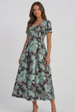 Blue White Floral A Line V Neck Midi Wedding Guest Dress