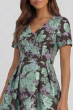 Blue White Floral A Line V Neck Midi Wedding Guest Dress