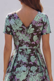 Blue White Floral A Line V Neck Midi Wedding Guest Dress