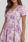 Blue White Floral A Line V Neck Midi Wedding Guest Dress