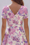 Blue White Floral A Line V Neck Midi Wedding Guest Dress
