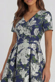 Blue White Floral A Line V Neck Midi Wedding Guest Dress
