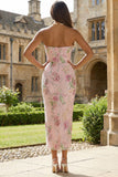 Sparkly Strapless Pink Floral Bodycon Midi Wedding Guest Dress