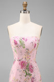 Sparkly Strapless Pink Floral Bodycon Midi Wedding Guest Dress