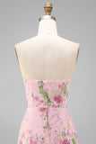 Sparkly Strapless Pink Floral Bodycon Midi Wedding Guest Dress