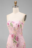 Sparkly Strapless Pink Floral Bodycon Midi Wedding Guest Dress