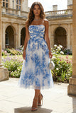 Strapless White Blue Floral A Line Midi Wedding Guest Dress