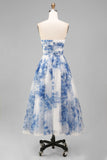 Strapless White Blue Floral A Line Midi Wedding Guest Dress