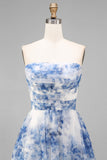 Strapless White Blue Floral A Line Midi Wedding Guest Dress