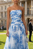 Strapless White Blue Floral A Line Maxi Wedding Guest Dress