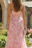 Pink Floral Strapless Ruched A Line Wedding Guest Dress