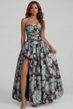 Strapless A Line Blue White Floral Wedding Guest Dress with Slit