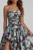 Strapless A Line Blue White Floral Wedding Guest Dress with Slit
