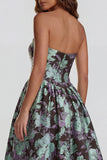 Strapless A Line Blue White Floral Wedding Guest Dress with Slit