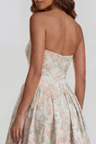 Strapless A Line Blue White Floral Wedding Guest Dress with Slit