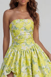 Strapless A Line Blue White Floral Wedding Guest Dress with Slit