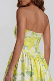Strapless A Line Blue White Floral Wedding Guest Dress with Slit