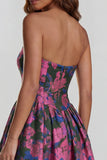 Strapless A Line Blue White Floral Wedding Guest Dress with Slit