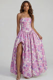 Strapless A Line Blue White Floral Wedding Guest Dress with Slit