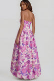 Strapless A Line Blue White Floral Wedding Guest Dress with Slit