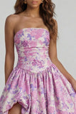 Strapless A Line Blue White Floral Wedding Guest Dress with Slit