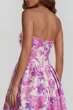 Strapless A Line Blue White Floral Wedding Guest Dress with Slit