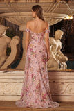 Sparkly Off the Shoulder Corset Floral Pink Prom Dress