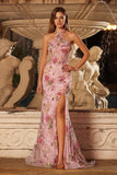 Halter Mermaid Corset Sequin Floral Pink Prom Dress